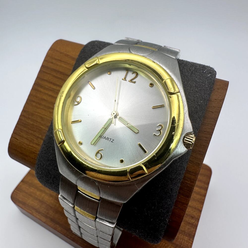 Two Tone Stainless Steel Quartz Watch Silver Dial Gold Tone Bezel Bracelet